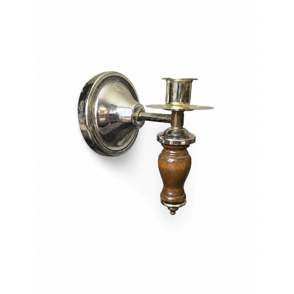 Vintage Wall Mount Candle Sconce Silver Brass Tone Wood Accent Taper Holder